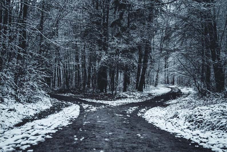 Fork in snowy road