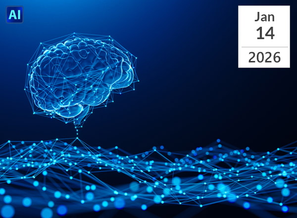 Digital brain on blue background representing AI technology